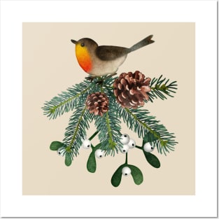 Song Bird Tree Branch Evergreen Pinecone Nature Lover's Posters and Art